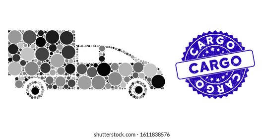 Mosaic cargo icon and corroded stamp watermark with Cargo caption. Mosaic vector is designed with cargo icon and with random circle items. Cargo stamp seal uses blue color, and grunge design.