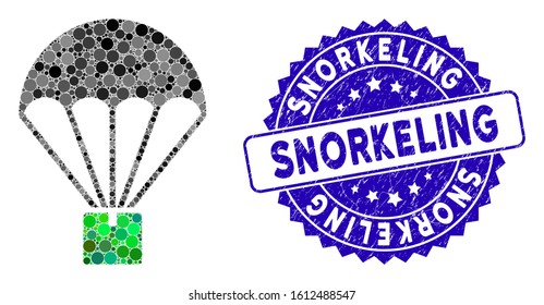 Mosaic cargo parachute icon and distressed stamp seal with Snorkeling caption. Mosaic vector is designed with cargo parachute icon and with scattered round elements.