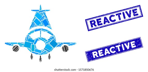 Mosaic cargo plane pictogram and rectangular Reactive seal stamps. Flat vector cargo plane mosaic pictogram of random rotated rectangular items. Blue Reactive seal stamps with grunge texture.