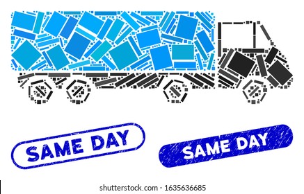 Mosaic cargo wagon and grunge stamp seals with Same Day phrase. Mosaic vector cargo wagon is formed with scattered rectangles. Same Day stamp seals use blue color, and have round rectangle shape.