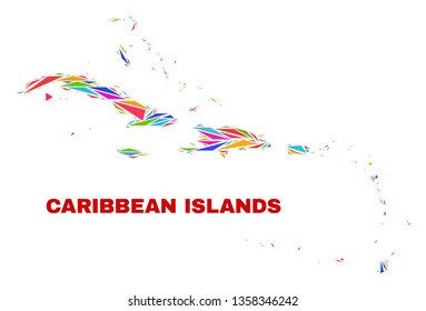 Mosaic Caribbean Islands map of triangles in bright colors isolated on a white background. Triangular collage in shape of Caribbean Islands map. Abstract design for patriotic decoration.