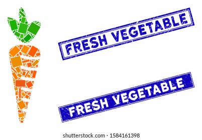 Mosaic carrot pictogram and rectangle Fresh Vegetable watermarks. Flat vector carrot mosaic icon of random rotated rectangle items. Blue Fresh Vegetable watermarks with dirty textures.