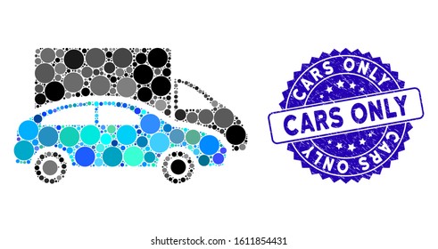 Mosaic cars icon and rubber stamp seal with Cars Only text. Mosaic vector is composed with cars icon and with random round spots. Cars Only seal uses blue color, and dirty texture.