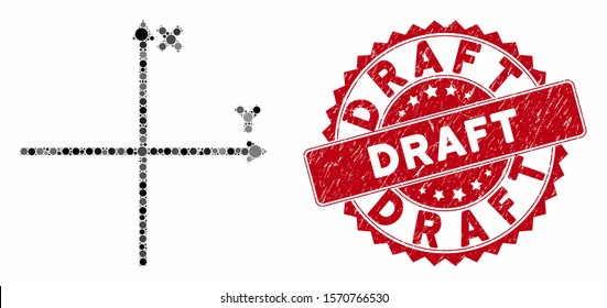Mosaic cartesian axes and corroded stamp seal with Draft caption. Mosaic vector is created with cartesian axes icon and with random circle items. Draft stamp uses red color, and grunged design.