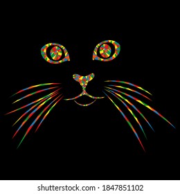 Mosaic of cartoon cat muzzle in bright colors isolated on the black background, decoration on glass for children