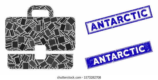 Mosaic case icon and rectangle Antarctic watermarks. Flat vector case mosaic icon of randomized rotated rectangle elements. Blue Antarctic watermarks with scratched texture.