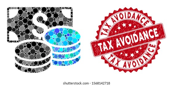 Mosaic cash and corroded stamp seal with Tax Avoidance text. Mosaic vector is designed with cash icon and with random round spots. Tax Avoidance stamp seal uses red color, and rubber design.
