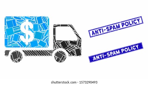 Mosaic cash delivery car pictogram and rectangle Anti-Spam Policy stamps. Flat vector cash delivery car mosaic pictogram of randomized rotated rectangle items.