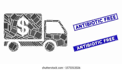 Mosaic cash delivery icon and rectangular Antibiotic Free stamps. Flat vector cash delivery mosaic icon of randomized rotated rectangular elements. Blue Antibiotic Free stamps with dirty surface.