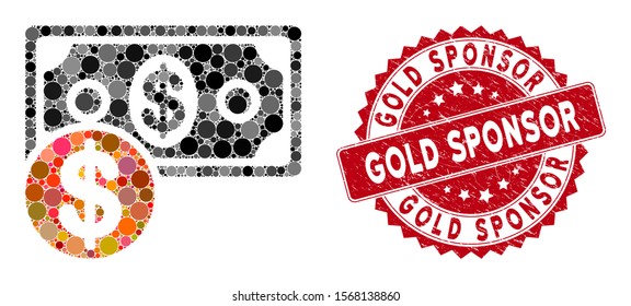 Mosaic cash and distressed stamp seal with Gold Sponsor text. Mosaic vector is formed with cash icon and with random spheric spots. Gold Sponsor stamp seal uses red color, and scratched design.