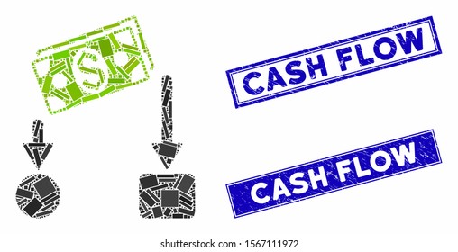 Mosaic cash flow pictogram and rectangular seal stamps. Flat vector cash flow mosaic icon of randomized rotated rectangular elements. Blue caption seal stamps with distress surface.