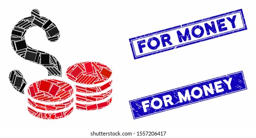 Mosaic cash icon and rectangular rubber prints. Flat vector cash mosaic icon of scattered rotated rectangular items. Blue caption rubber stamps with grunged surface.