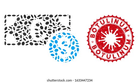 Mosaic cash icon and red rounded corroded stamp watermark with Botulinum text and coronavirus symbol. Mosaic vector is designed with cash icon and with random oval spots.