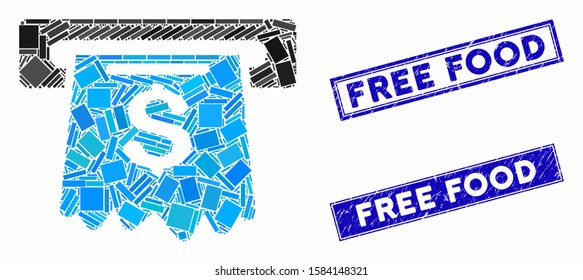 Mosaic cash machine icon and rectangle Free Food rubber prints. Flat vector cash machine mosaic icon of scattered rotated rectangle elements. Blue Free Food rubber stamps with corroded surface.