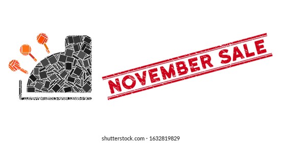 Mosaic cash machine icon and red November Sale seal stamp between double parallel lines. Flat vector cash machine mosaic icon of randomized rotated rectangular items.