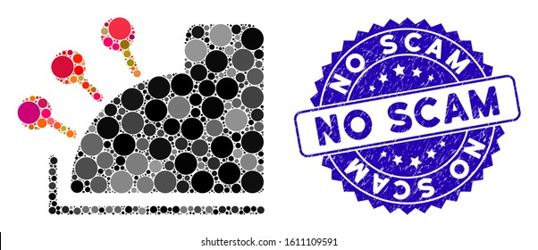 Mosaic cash machine icon and rubber stamp seal with No Scam phrase. Mosaic vector is composed with cash machine pictogram and with random circle items. No Scam stamp seal uses blue color,