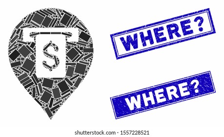 Mosaic cash machine pointer pictogram and rectangular watermarks. Flat vector cash machine pointer mosaic pictogram of scattered rotated rectangular elements. Blue caption seals with grunged surface.