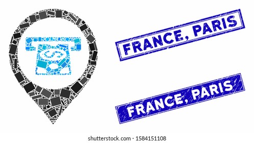 Mosaic cash machine pointer pictogram and rectangle France, Paris seal stamps. Flat vector cash machine pointer mosaic pictogram of randomized rotated rectangle elements. Blue France,