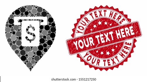Mosaic cash machine pointer and rubber stamp seal with Your Text Here caption. Mosaic vector is created with cash machine pointer icon and with scattered round spots.