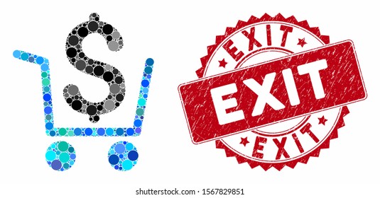 Mosaic cash out and distressed stamp seal with Exit text. Mosaic vector is created with cash out icon and with random round spots. Exit stamp uses red color, and grunge design.