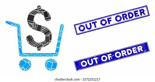 Mosaic cash out pictogram and rectangular Out of Order seal stamps. Flat vector cash out mosaic pictogram of scattered rotated rectangular elements.