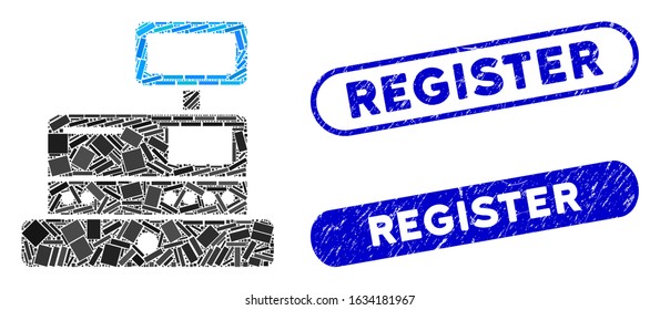 Mosaic cash register and corroded stamp seals with Register caption. Mosaic vector cash register is formed with random rectangles. Register stamp seals use blue color, and have round rectangle shape.