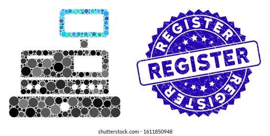 Mosaic cash register icon and corroded stamp seal with Register caption. Mosaic vector is created with cash register pictogram and with scattered spheric spots. Register seal uses blue color,
