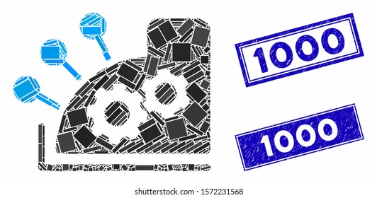 Mosaic cash register pictogram and rectangle 1000 seal stamps. Flat vector cash register mosaic icon of randomized rotated rectangular items. Blue 1000 seal stamps with rubber textures.