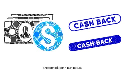 Mosaic cash and rubber stamp seals with Cash Back phrase. Mosaic vector cash is formed with scattered rectangle items. Cash Back stamp seals use blue color, and have round rectangle shape.