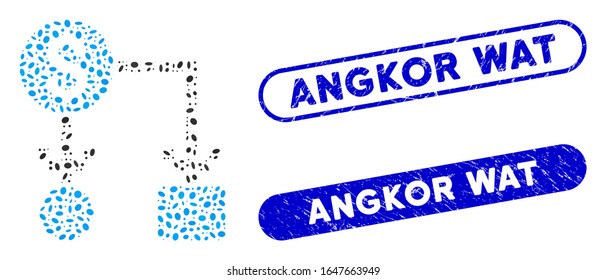 Mosaic cashflow and corroded stamp seals with Angkor Wat text. Mosaic vector cashflow is created with randomized ellipse items. Angkor Wat stamp seals use blue color, and have round rectangle shape.
