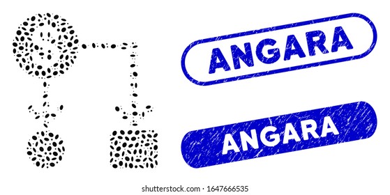 Mosaic cashflow and corroded stamp seals with Angara caption. Mosaic vector cashflow is composed with randomized oval elements. Angara stamp seals use blue color, and have round rectangle shape.