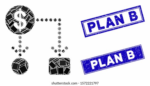 Mosaic cashflow pictogram and rectangular Plan B seal stamps. Flat vector cashflow mosaic icon of scattered rotated rectangular elements. Blue Plan B seal stamps with corroded texture.