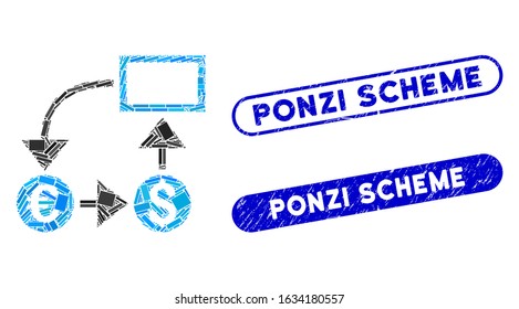 Mosaic cashflow and rubber stamp seals with Ponzi Scheme text. Mosaic vector cashflow is designed with scattered rectangles. Ponzi Scheme stamp seals use blue color, and have round rectangle shape.