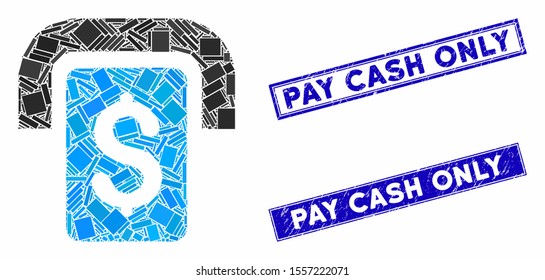 Mosaic cashpoint icon and rectangle seal stamps. Flat vector cashpoint mosaic pictogram of scattered rotated rectangle items. Blue caption seal stamps with grunge surface.