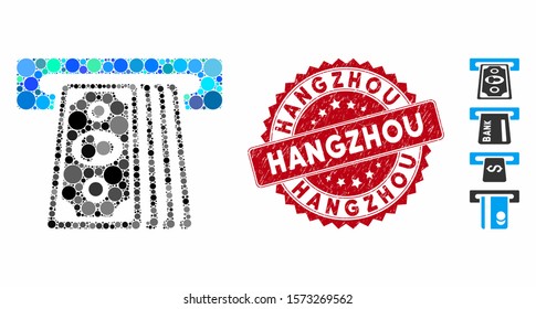 Mosaic cashpoint terminal icon and rubber stamp watermark with Hangzhou text. Mosaic vector is formed from cashpoint terminal icon and with random round spots. Hangzhou stamp uses red color,