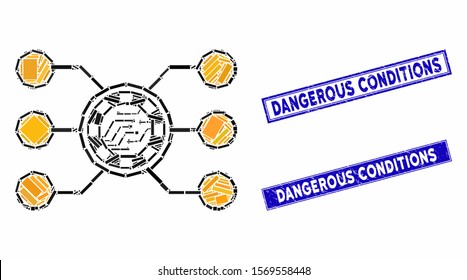 Mosaic casino chip circuit icon and rectangle seal stamps. Flat vector casino chip circuit mosaic icon of randomized rotated rectangle elements. Blue caption stamps with scratched surface.