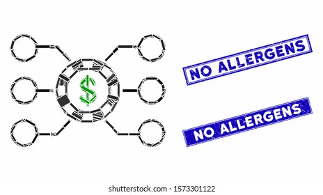 Mosaic casino chip circuit icon and rectangular No Allergens rubber prints. Flat vector casino chip circuit mosaic icon of randomized rotated rectangular elements.