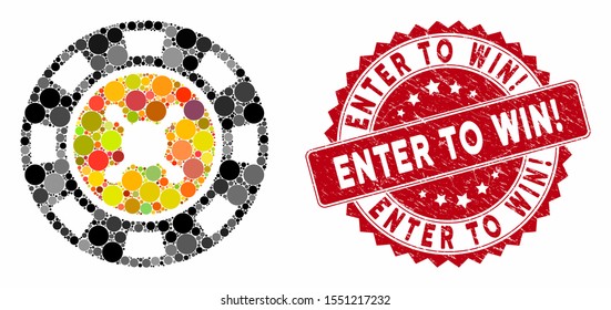 Mosaic casino chip and distressed stamp seal with Enter to Win! caption. Mosaic vector is composed with casino chip icon and with randomized round spots. Enter to Win! stamp seal uses red color,