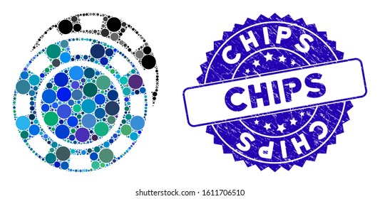 Mosaic casino chips icon and distressed stamp seal with Chips text. Mosaic vector is created from casino chips icon and with randomized spheric items. Chips stamp uses blue color, and dirty texture.