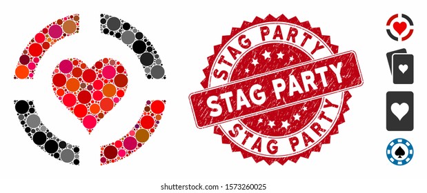 Mosaic casino hearts suit icon and rubber stamp seal with Stag Party text. Mosaic vector is formed with casino hearts suit icon and with random circle spots. Stag Party stamp uses red color,