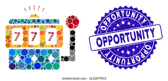 Mosaic casino machine icon and grunge stamp seal with Opportunity text. Mosaic vector is formed with casino machine icon and with randomized circle items. Opportunity stamp uses blue color,