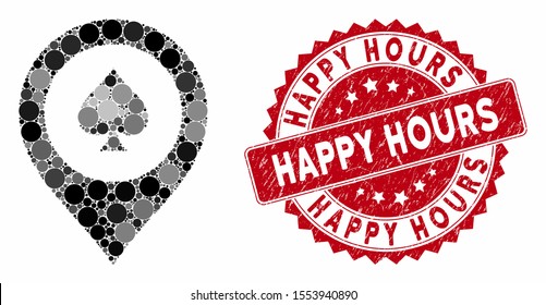 Mosaic casino map marker and distressed stamp seal with Happy Hours caption. Mosaic vector is formed with casino map marker icon and with random spheric elements.