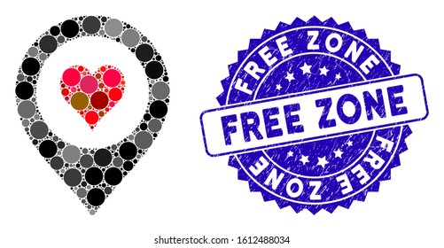 Mosaic casino map marker icon and distressed stamp watermark with Free Zone text. Mosaic vector is designed with casino map marker icon and with random round items.