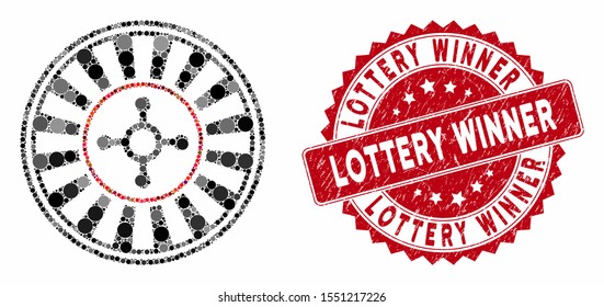 Mosaic casino roulette and distressed stamp seal with Lottery Winner phrase. Mosaic vector is created from casino roulette icon and with random round elements.