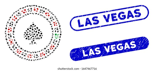 Mosaic casino roulette and distressed stamp seals with Las Vegas text. Mosaic vector casino roulette is designed with random oval parts. Las Vegas stamp seals use blue color,