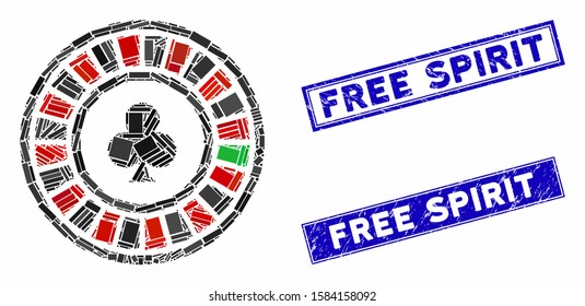 Mosaic casino roulette pictogram and rectangle Free Spirit stamps. Flat vector casino roulette mosaic pictogram of randomized rotated rectangle elements.