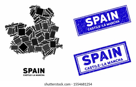 Mosaic Castile-La Mancha Province map and rectangular rubber prints. Flat vector Castile-La Mancha Province map mosaic of random rotated rectangular elements.