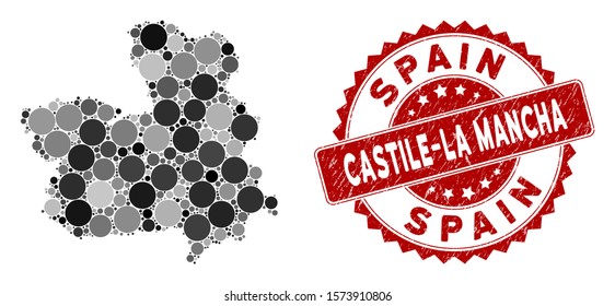 Mosaic Castile-La Mancha Province map and round seal. Flat vector Castile-La Mancha Province map mosaic of randomized round items. Red seal with distress style.