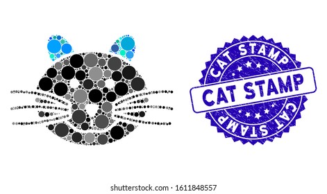 Mosaic cat icon and grunge stamp watermark with Cat Stamp text. Mosaic vector is composed with cat icon and with scattered spheric spots. Cat Stamp seal uses blue color, and grunge surface.