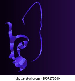 Mosaic of cat muzzle in violet hues isolated on the dark background with gradient, decoration on glass